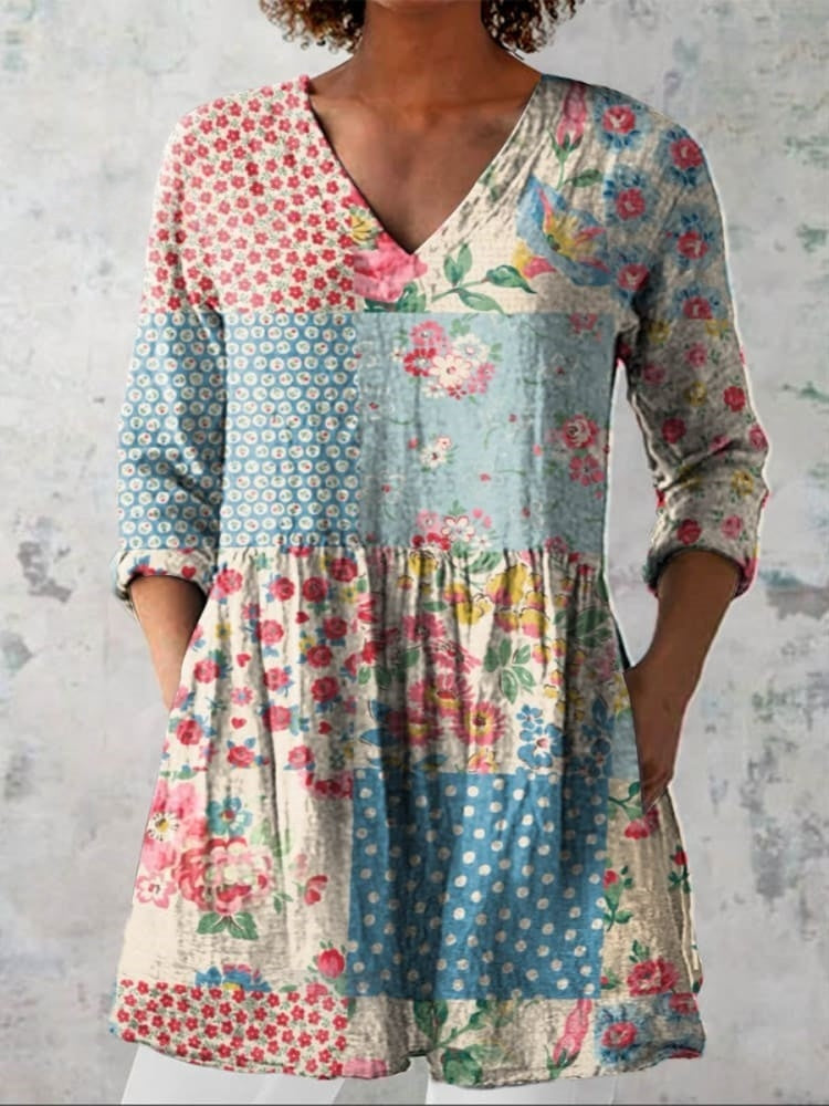 Léonie | Chemise V-Neck en Patchwork Floral