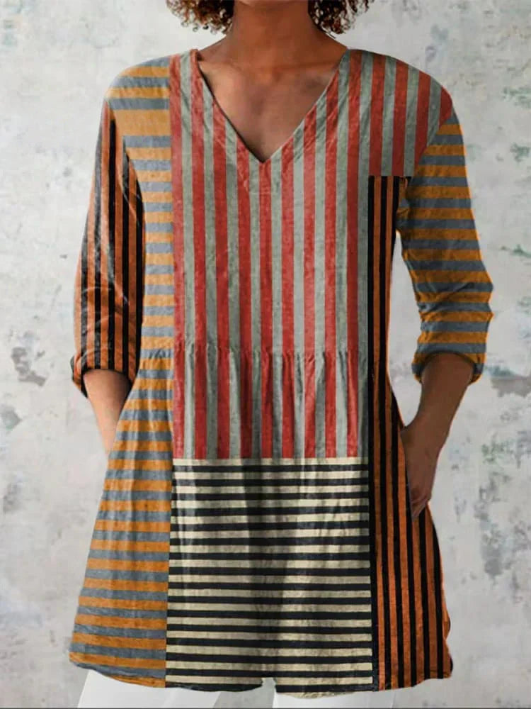 Noémie | Chemise V-Neck en Patchwork Rayé
