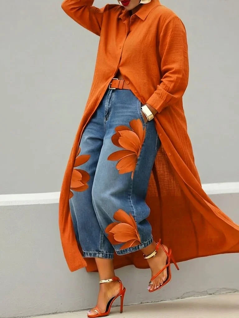 Isabelle- Ensemble de Jeans Floral avec Robe Chemise
