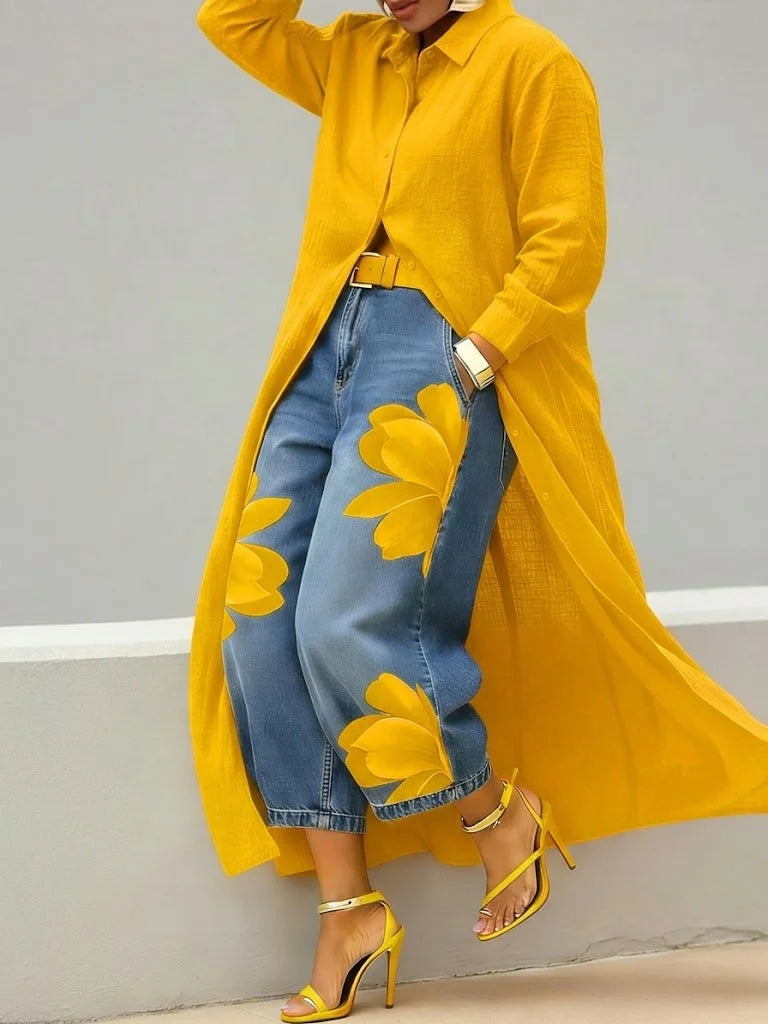 Isabelle- Ensemble de Jeans Floral avec Robe Chemise