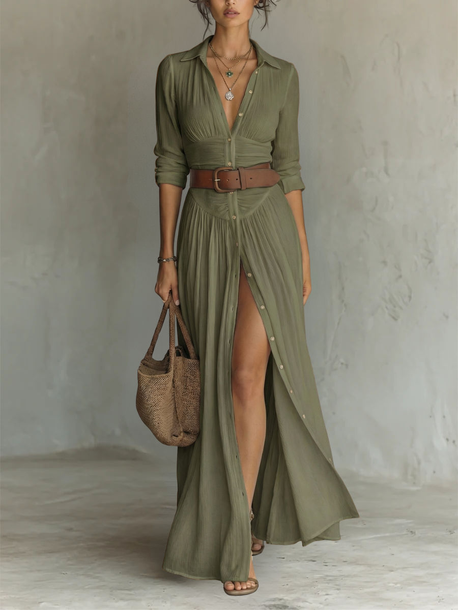 Éliane - Robe Maxi Longue avec Col Noté et Manches Longues pour Femmes