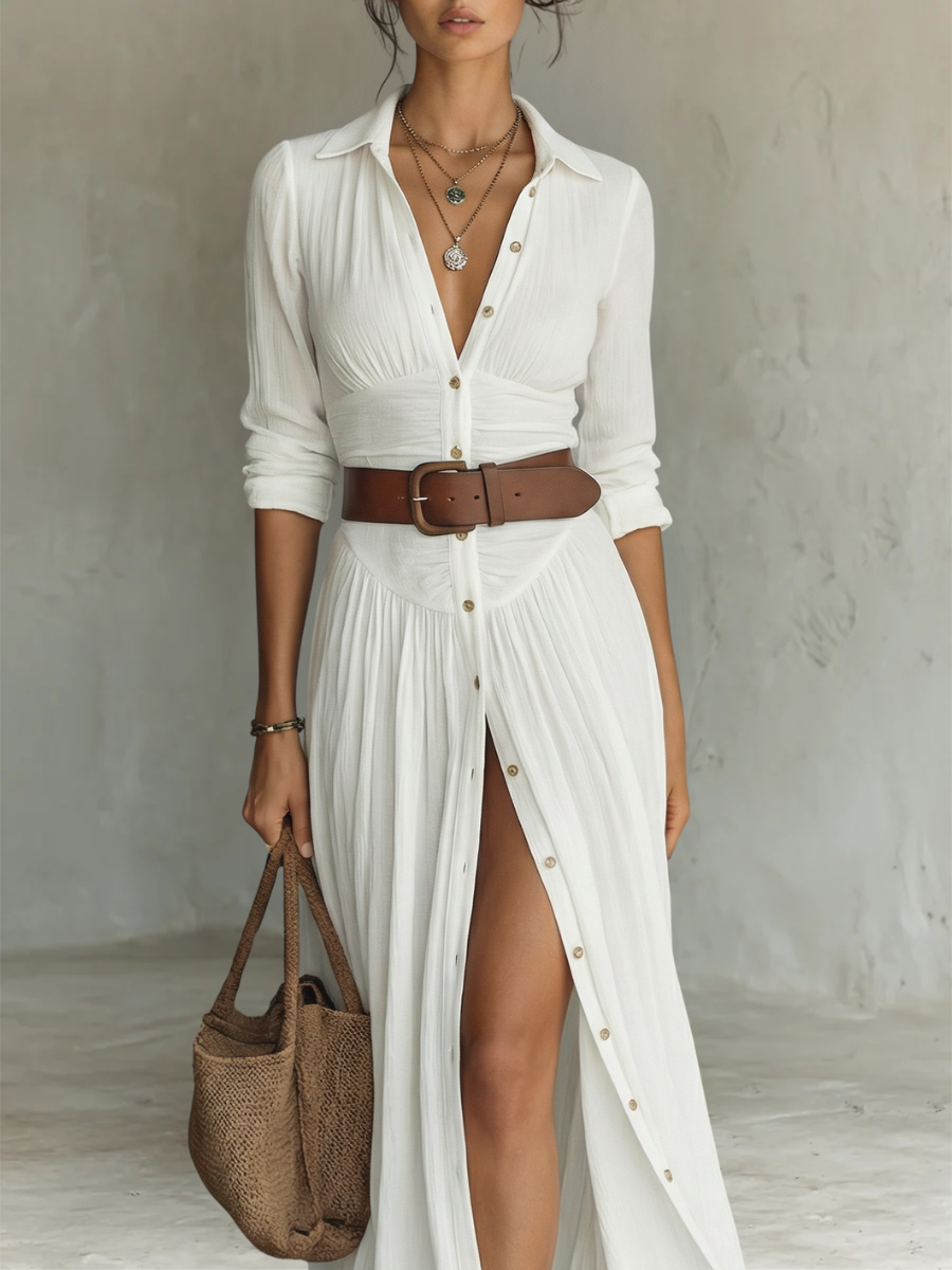 Éliane - Robe Maxi Longue avec Col Noté et Manches Longues pour Femmes