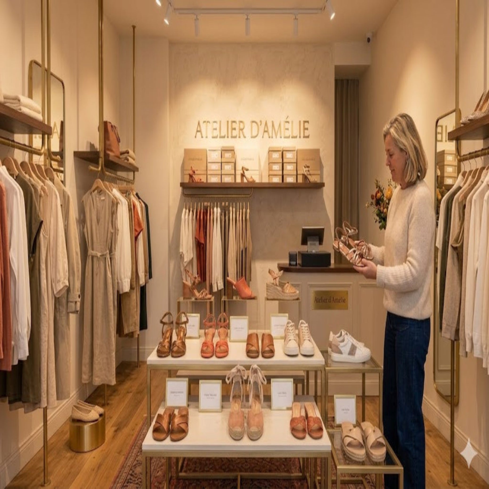 A woman stands in a stylish boutique, Atelier D’Amélie, browsing sandals on display. The shop is neatly arranged with clothing on racks and shoes on tables, in warm, neutral tones.