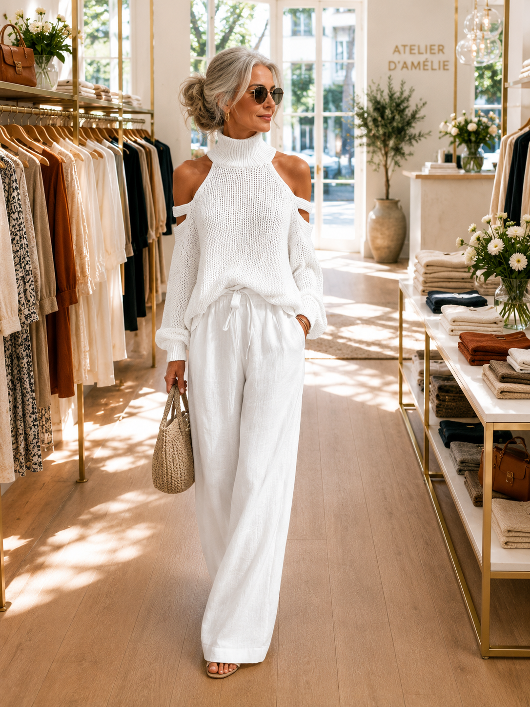 A person models the rosalie | Ensemble Deux Pièces Off-Shoulder against a plain gray background, with natural light casting soft shadows.