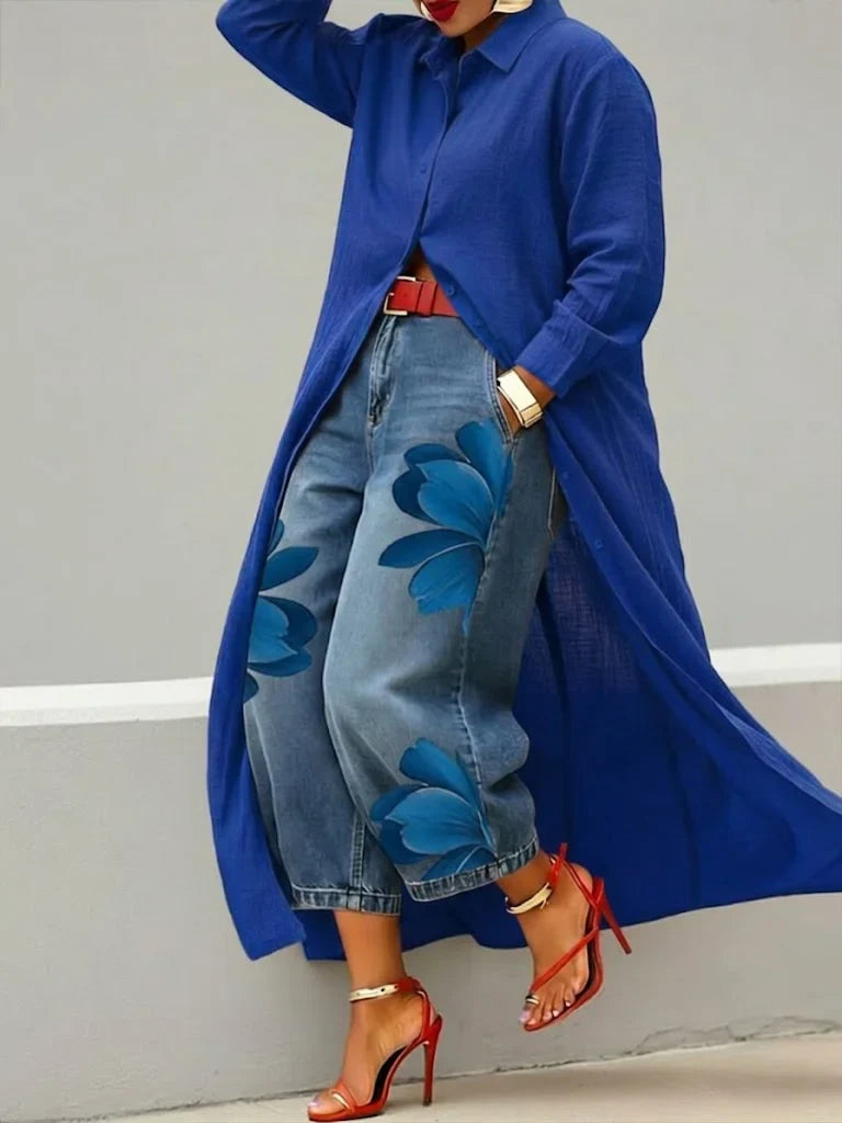 Isabelle- Ensemble de Jeans Floral avec Robe Chemise