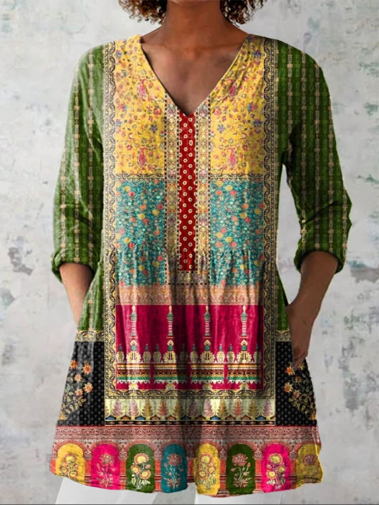 Aurélie | Chemise V-Coupe Florale Ethnique