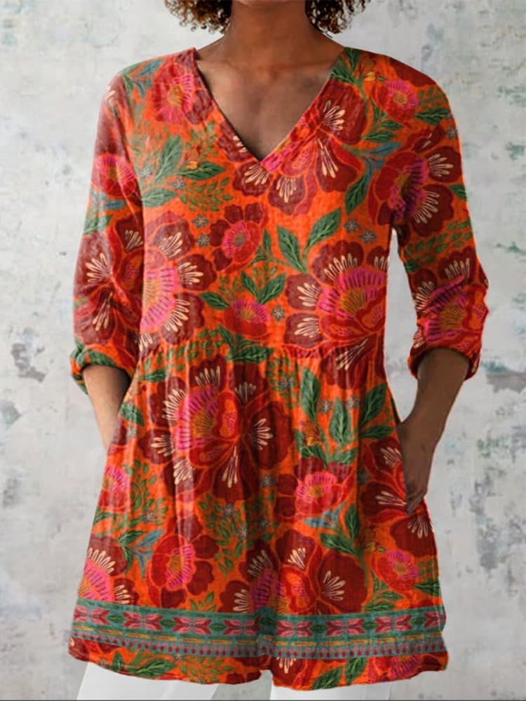 Delphine | Chemise V-Neck Florale Ethnique d'Été