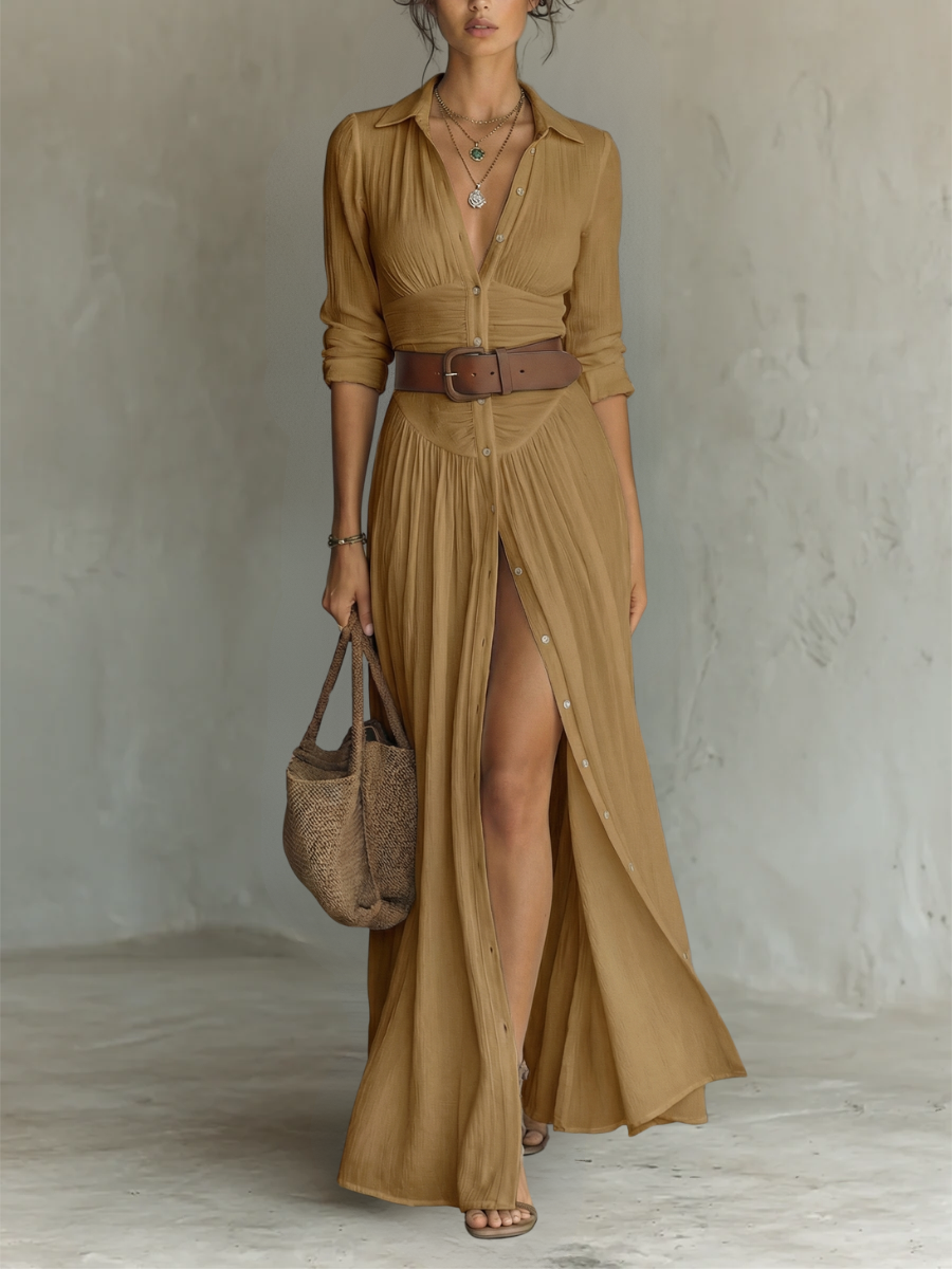Éliane - Robe Maxi Longue avec Col Noté et Manches Longues pour Femmes