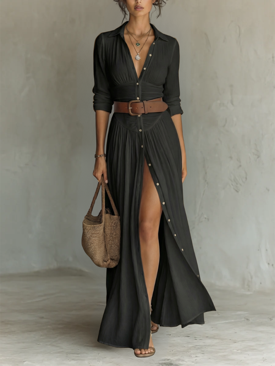 Éliane - Robe Maxi Longue avec Col Noté et Manches Longues pour Femmes