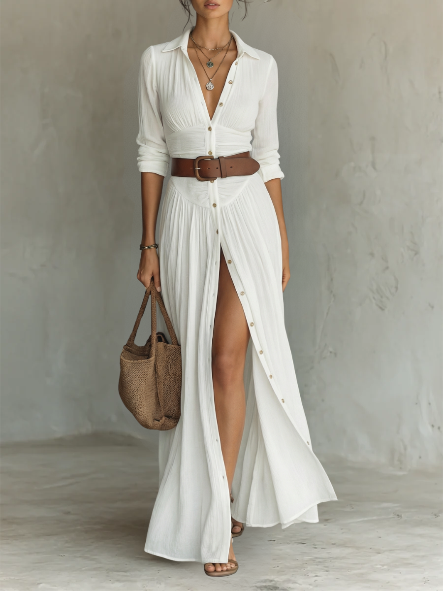 Éliane - Robe Maxi Longue avec Col Noté et Manches Longues pour Femmes