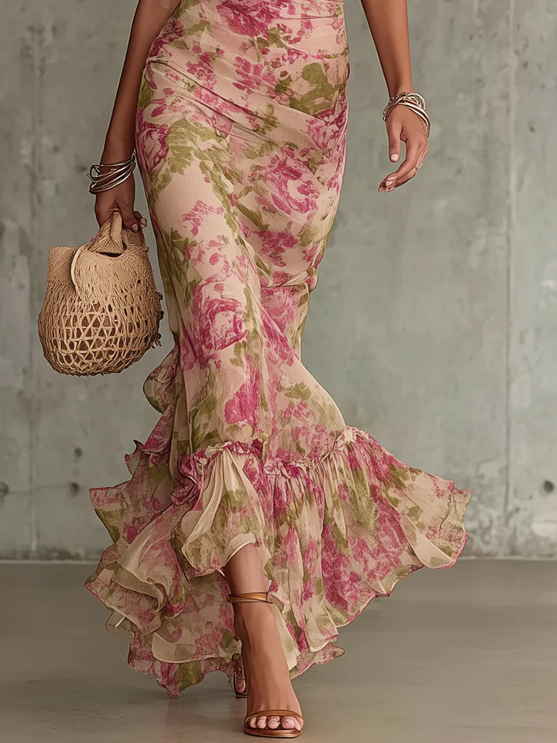 Claire - Robe longue avec imprimé rose vintage et manches bouffantes