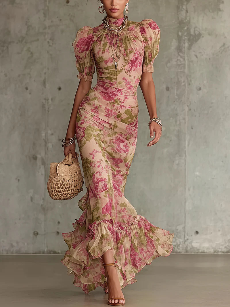 Claire - Robe longue avec imprimé rose vintage et manches bouffantes