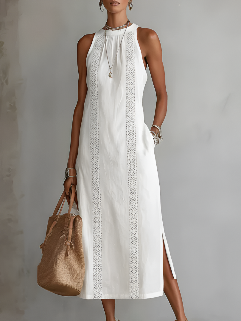 Yvette | Robe Midi Relaxed avec Col Mandarin Brodé
