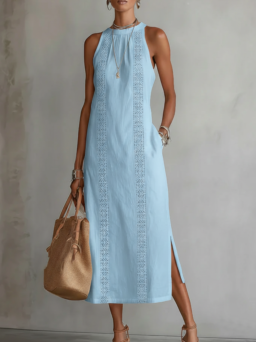 Yvette | Robe Midi Relaxed avec Col Mandarin Brodé