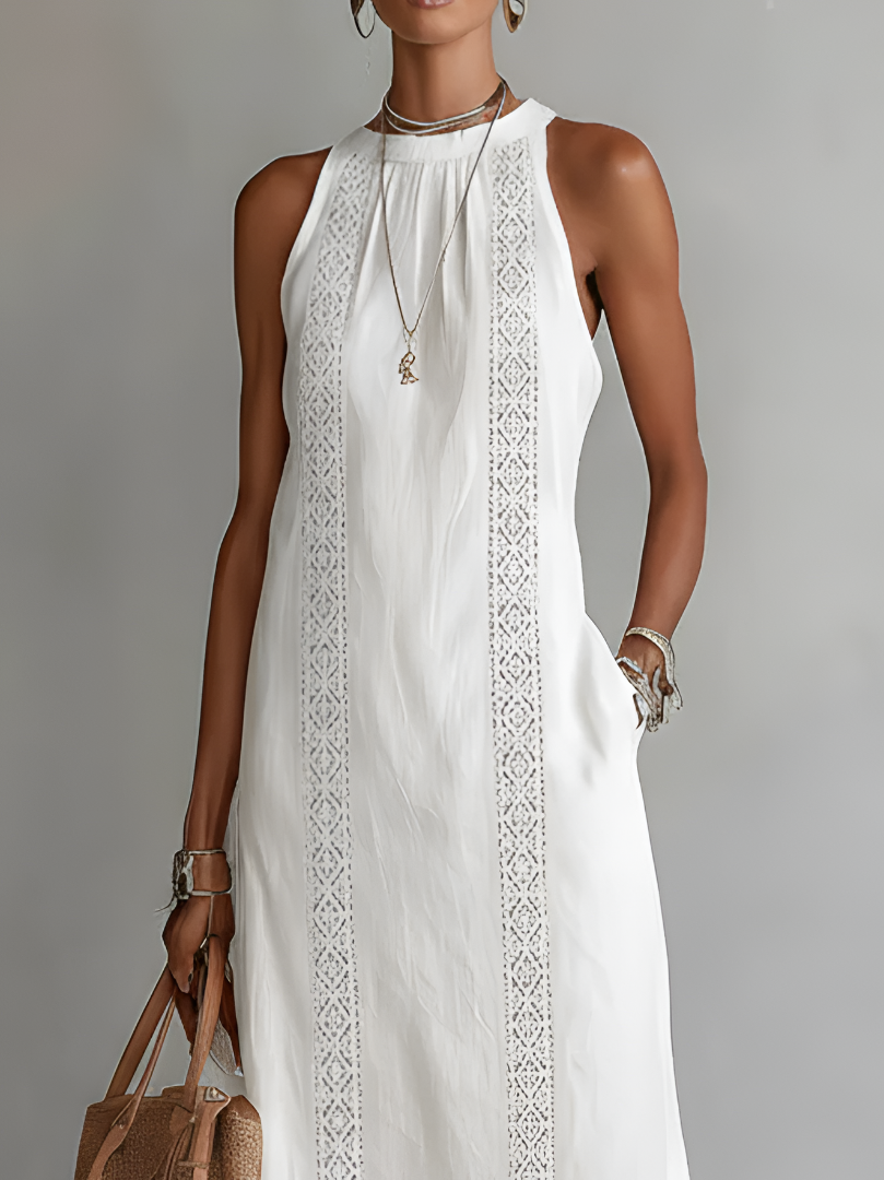 Yvette | Robe Midi Relaxed avec Col Mandarin Brodé