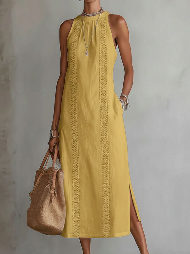 Yvette | Robe Midi Relaxed avec Col Mandarin Brodé
