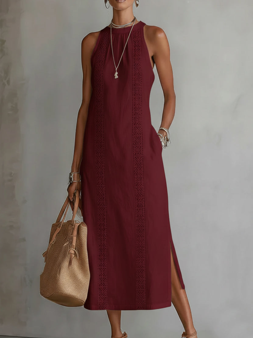 Yvette | Robe Midi Relaxed avec Col Mandarin Brodé
