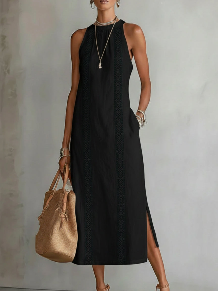 Yvette | Robe Midi Relaxed avec Col Mandarin Brodé